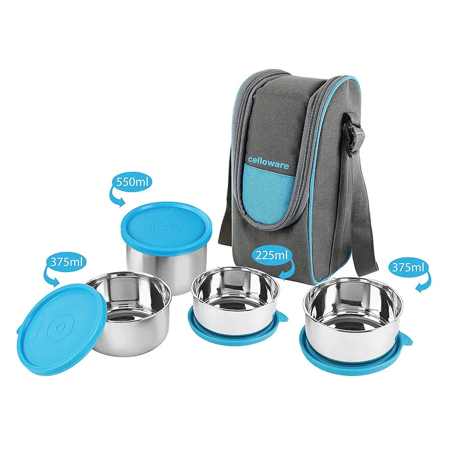 CELLO Steelox Stainless Steel Lunch Box Set of 4 with Bag , Blue | Tiffin Box with Jacket | Leakproof | Easy to Carry | Ideal for Office, School, College